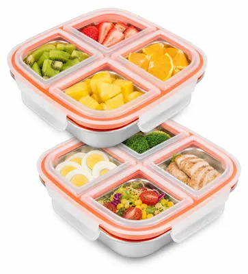 2er-Set Edelstahl-Lunchbox mit 4 Fächern, 600 ml, auslaufsicher