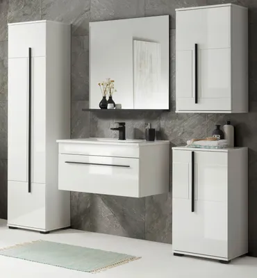 Produktbild von Badmöbel Set "Design-D" in weiß Hochglanz Badkombination mit Waschbecken, 6-teilig