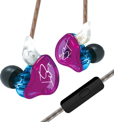 A pair of purple and blue in-ear headphones with a black inline control and microphone, shown against a white background.