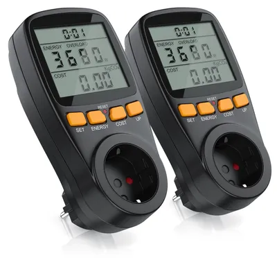 Produktbild von Brandson Energiekostenmessgerät 2er Set für die Steckdose mit Display, misst Verbrauch in kWh, Leistung in Watt und Kosten, Stromzähler, 2 Stück, schwarz-orange