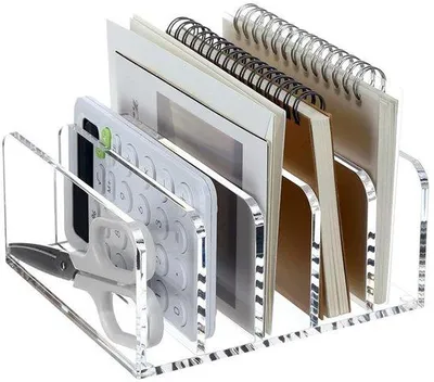 Immagine prodotto di Organizer da scrivania in acrilico con 5 scomparti trasparenti per lettere, libri e documenti.