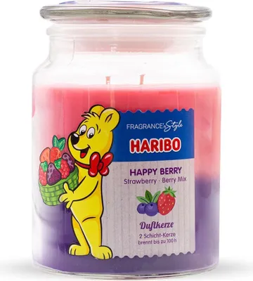 Produktbild von Haribo™ Duftkerze Happy Berry, 2 Dochte, HxD: 13 x 10 cm, 100h Brenndauer, Kerze im Glas, Beere & Kirsche, rosa-lila