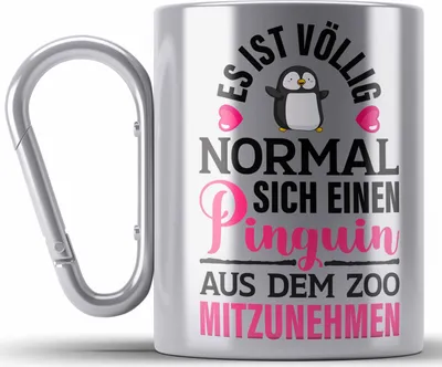 Produktbild von Trendation - Pinguin Geschenk Edelstahl Tasse Karabiner Kinder Liebe Spruch Kollegin Freundin Karabiner Edelstahl Tasse Karabiner Edelstahl Pinguin Liebhaber Lustig (Silber)