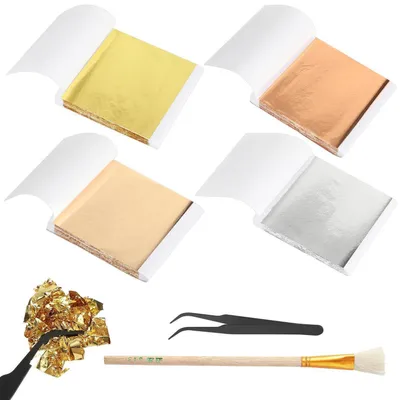 Immagine prodotto di Set di foglia d'oro: 400 fogli di oro, argento, oro rosa e champagne, con pinzette e pennello