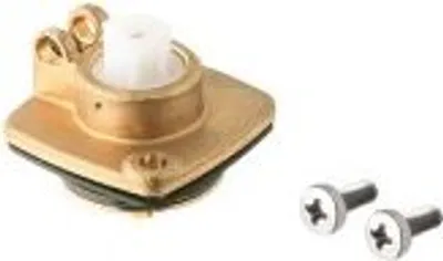 A close-up studio shot of a plumbing fixture part and two screws on a white background.