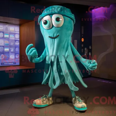 Produktbild von Teal REDBROKOLY Squid Maskottchen Kostüm Figur bekleidet mit einem Bermuda-Shorts und Fußkettchen