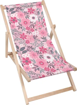 A pink floral patterned deck chair on a white background.
