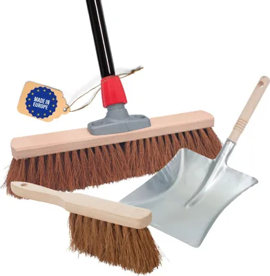 Produktbild von Novaliv Besen 40 cm mit Stiel Kokosbesen Haarmischung inkl. Kehrgarnitur verzinkt bestehend aus Kehrblech und Handfeger Besen Naturborsten Ideal als Werkstattbesen Hallenbesen Hausbesen mit Stiel