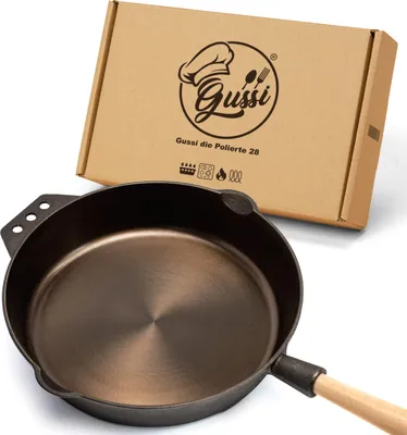 Produktbild von GuSSi® Gusseisenpfanne 28 cm - Poliert - Unbeschichtet - Gusspfanne für Gasgrill Induktion & Backofen - Gusseiserne Pfanne mit hohem Rand - Bratpfanne