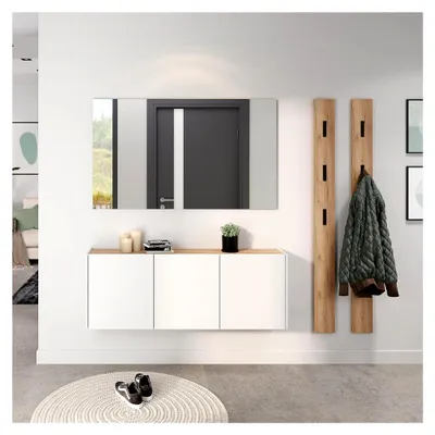 Produktbild von Flurschrank Schuhschrank 138cm in weiß mit Eiche ideal für schmale Flure, B/H/T ca. 138/52/25 cm