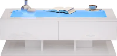 Produktbild von MODFU Hochglanz-Couchtisch mit LED,Wohnzimmertisch Weiß Sofatisch mit 2 Schubladen,Kaffeetisch mit Glasplatte