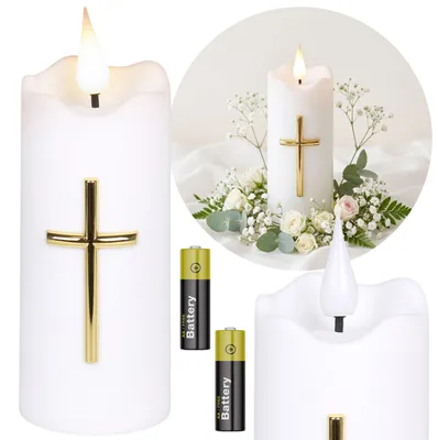 Produktbild von Weiße LED-Kerze mit Kreuz und Flammeneffekt, Grablaternen-Einsatz inklusive Batterien, 13 cm