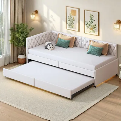 Image de Lit matelassé 90x200, convertible en canapé, avec fonction couchage, canapé-lit 2 places pour salon, chambre à coucher, appartements, en velours beige