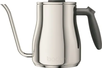 A studio shot of a silver gooseneck kettle.