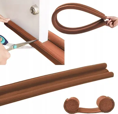 Collage of images showing a brown foam door seal being cut with scissors, a hand bending the seal into a curve, a close-up of the seal, and a close-up of the ends of the seal.