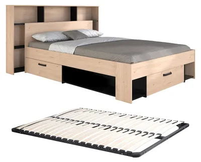 Produktbild von Bett 140 x 190/200 cm mit Kopfteil & Stauraum + Lattenrost - Holzfarben & Schwarz - KINSELIA