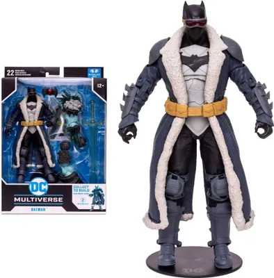 A DC Multiverse Batman action figure in its packaging and displayed on a stand.