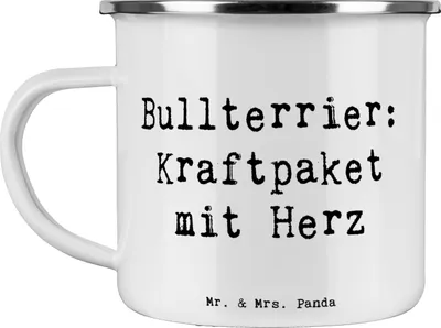 Produktbild von Mr. & Mrs. Panda Teetasse Spruch Bullterrier Kraftpaket - Weiß - Geschenk, Hunderasse, loyale Hunde, Hunderassen Pflege, liebenswürdig, becher emaille, Tasse, Kaffeepott