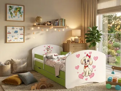 Produktbild von Happy Babies Kinderbett - mit Rausfallschutz Junge 140x70 Mädchen, Bett für Kinderzimmer mit Schublade & Matratze Einzelbett für Kinder Kinder Hundemotiv, Bilder (Grün) (Piesek z czerwona kokarda)
