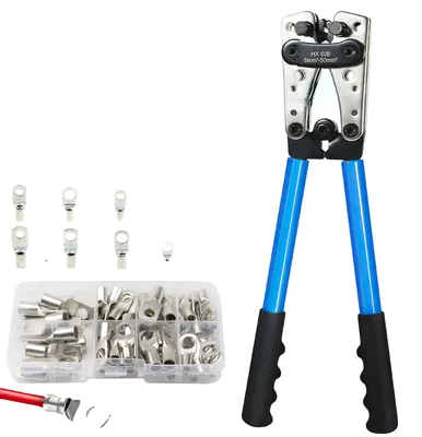 Imagen del producto de Alicate de crimpar, carcasa de acero de alta aleación, rango de crimpado de 6-50 mm², compatible con AWG 10-0, seis matrices rotativas, longitud de 390 mm