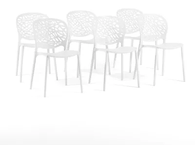 Image de Lot de 6 chaises empilables pour l'intérieur et l'extérieur, en polypropylène renforcé de fibre de verre, avec dossier ajouré décoratif, pour le jardin, la terrasse, le bar ou le restaurant - Linda Blanc