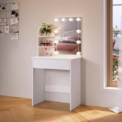 Immagine prodotto di Tavolino da trucco con specchio - Mobiletto per cosmetici - Ideale per il trucco - Illuminazione LED regolabile - Dimensioni: 70 x 40 x 140 cm - Bianco
