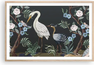 Produktbild von Gerahmtes Poster - Rahmen in heller Eiche - Asiatisch Reiher Blumen - 91,5x61 cm - Wand Bild - Wanddeko - Wandbilder - Kunstposter - Wandposter - Bilderrahmen - Bilder - Kunstdruck - P2NAA91x61-4699