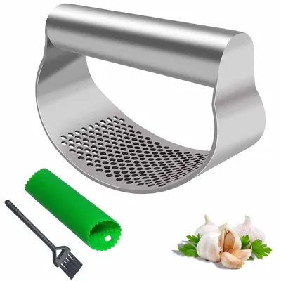 Knoblauchpresse Edelstahl, Knoblauchzerkleinerer, Ingwerreibe, mit Schäler