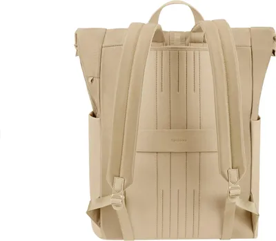 The back view of a sand-colored backpack.