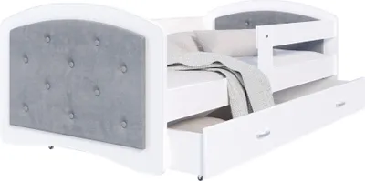 Produktbild von Bett MEGI 80x180 cm Kinderbett Polsterbett mit Schublade Lattenrost Rausfallschutz Jugendbett weiß grau trinity