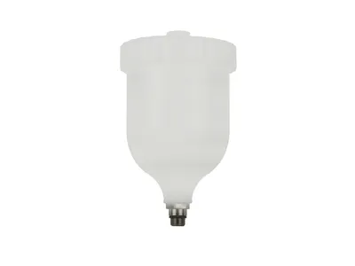 A white plastic container for a spray gun is shown against a white background.