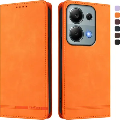 Image de Etui pour Xiaomi Poco M6 Pro 4G/Redmi Note 13 Pro 4G, étui rétro en cuirPolyuréthaneavec support et fentes pour cartes Orange