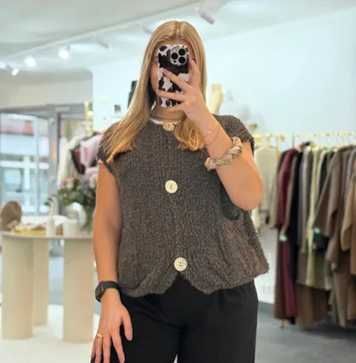 Produktbild von Weste Cosy Boucle Damen "Emma" Braun-Grau mit goldenen Knöpfen, Frauen Weste, Bodywärmer Westen Outdoor Jacke Frau, kurzarm Leichtweste, Bouclewesten