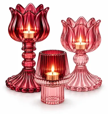 Produktbild von Set aus drei Kerzenständern in Bordeaux-Rot mit rosa Akzenten