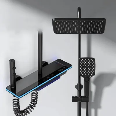 A modern black shower system with a large overhead showerhead and a handheld showerhead, mounted on a wall.