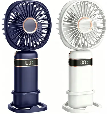 Produktbild von 2er Handventilator,5 Geschwindigkeitsstufen,tragbarer USB-Handyhalter-Lüfter,faltbarer Mini-Ventilator mit 4000mAh Akku,LED-Display,Leise,Blau&Weiß