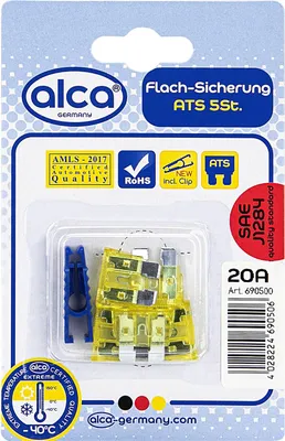 Produktbild von alca® Flach-Sicherungen 20A; 5St. Blister gelbe Auto Flachsicherungen Schmelzsicherung für Caravan Traktor Bus Motorrad Kfz Pkw Lkw etc.