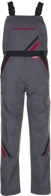 A full-body studio shot of a pair of gray overalls with red and black accents.