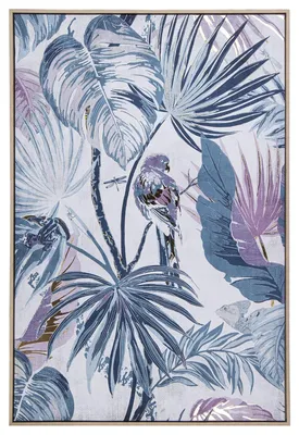 Leinwandbild mit Naturholzrahmen, Blumen und Vogel, 122,6 x 82,6 cm