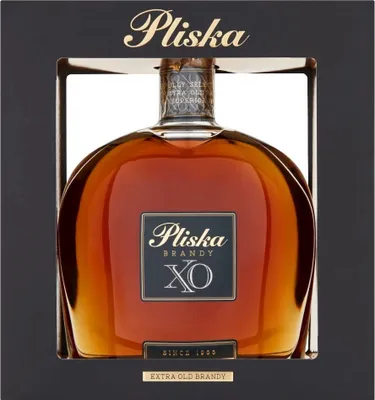 A bottle of Pliska XO brandy in its packaging.
