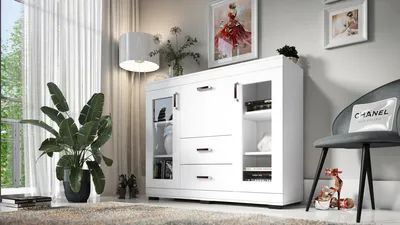 Produktbild von Kombikommode P27, 2 Vitrinentüren, 2 Schubkästen, Barschrank, B130xH106xT43 cm, komplett vormontiert - Weiß