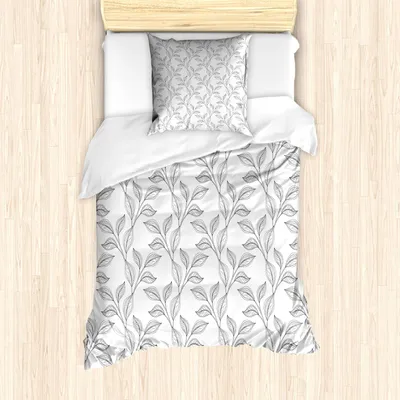 Produktbild von ABAKUHAUS Schwarz und weiß Bettbezug Set, Einfarbiges Garten-Muster mit stilisiertem Blatt-böhmischem natürlichem Thema, 135 x 200 cm + 80 x 80 cm, Weiß Schwarz