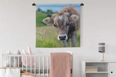 Produktbild von MuchoWow® Wandteppich Wandbehang Kuh - Tiere - Braun - Gras 90x90 cm Tapisserie Dekoration Wandtuch - Wandaufhänger