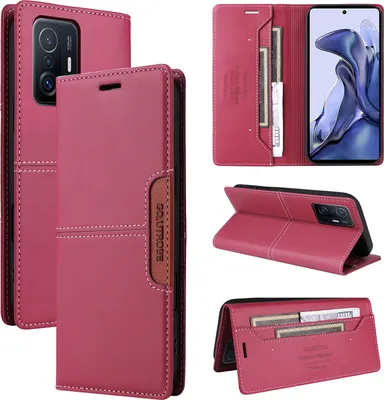 Obrázek produktu pro Pouzdro pro Xiaomi 11T / 11T Pro, kožené flipové peněženkové pouzdro s přihrádkou na karty a stojánkem Červený