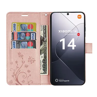 A pink flip wallet case for a Xiaomi 14 phone, with cards and cash inserted, displayed against a white background.