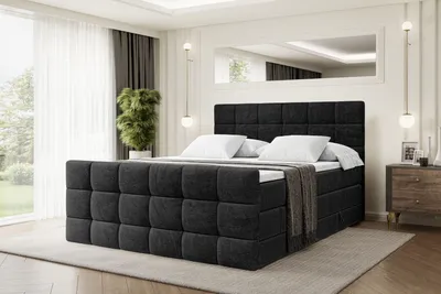Produktbild von ALTDECOR Boxspringbett mit Matratze und Lattenrost  - BRUGO -Z KING  - 200x200 cm  - Schwarz Samt - Topper, Fußteil, Polsterbett mit Bettkasten, Bett mit Stauraum H3 - und H4 - Matratze, Doppelbett, Springboxbett