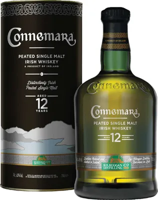 A bottle of Connemara 12 Year Old Peated Single Malt Irish Whiskey and its gift packaging.