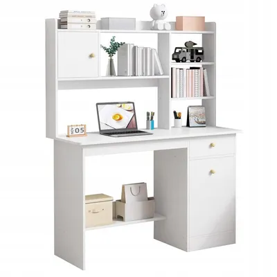 A white computer desk with shelves and drawers, featuring a laptop, books, and decorative items.