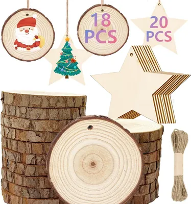 Produktbild von Weihnachtsdeko Holzscheiben Baumscheiben Holzsterne Basteln DIY Weihnachten Handwerk Deko Juteseil