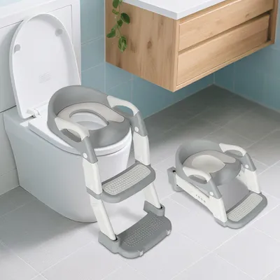 Produktbild von Izrielar Toilettentrainer Lerntöpfchen Höhenverstellbarer Toilettensitz Baby Kinder Töpfchen WC Sitz mit Griffen, klappbar mit Treppe Grau